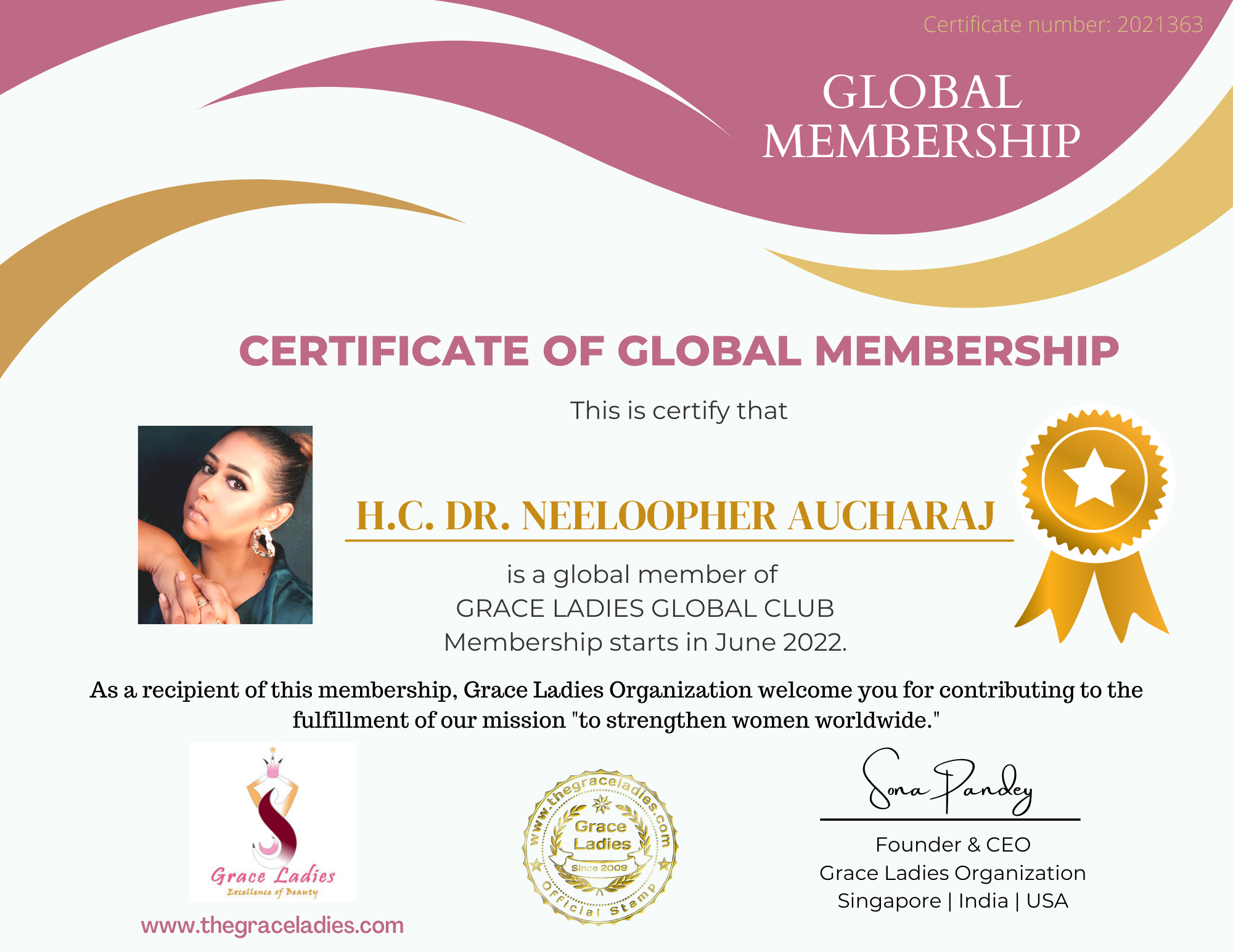 Grace Ladies Global Club Membership Certificate